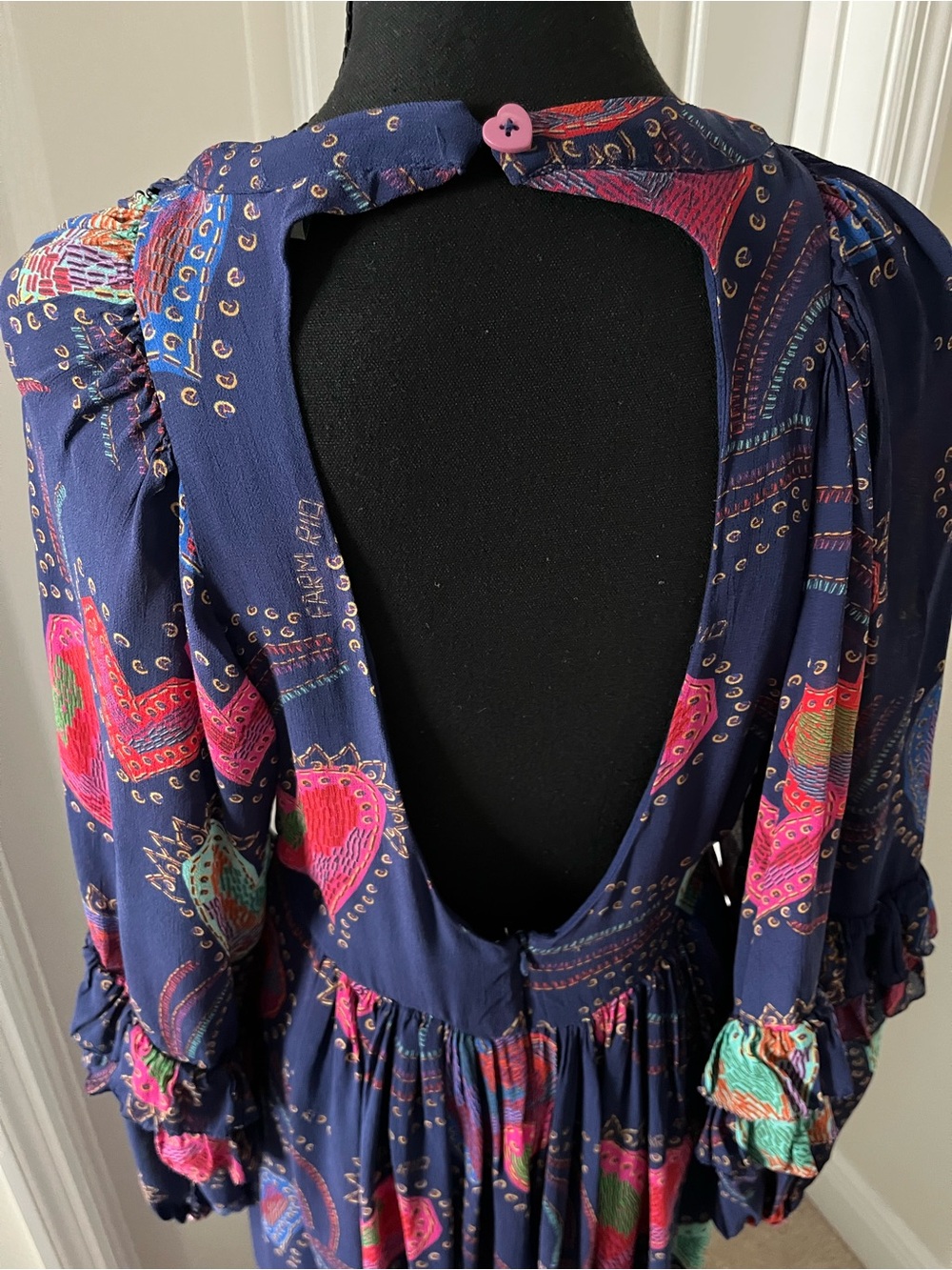 FARM Rio Shiny Hearts Ruffle Maxi Dress in Navy – Size M (Open Back) - Picture 5 of 7